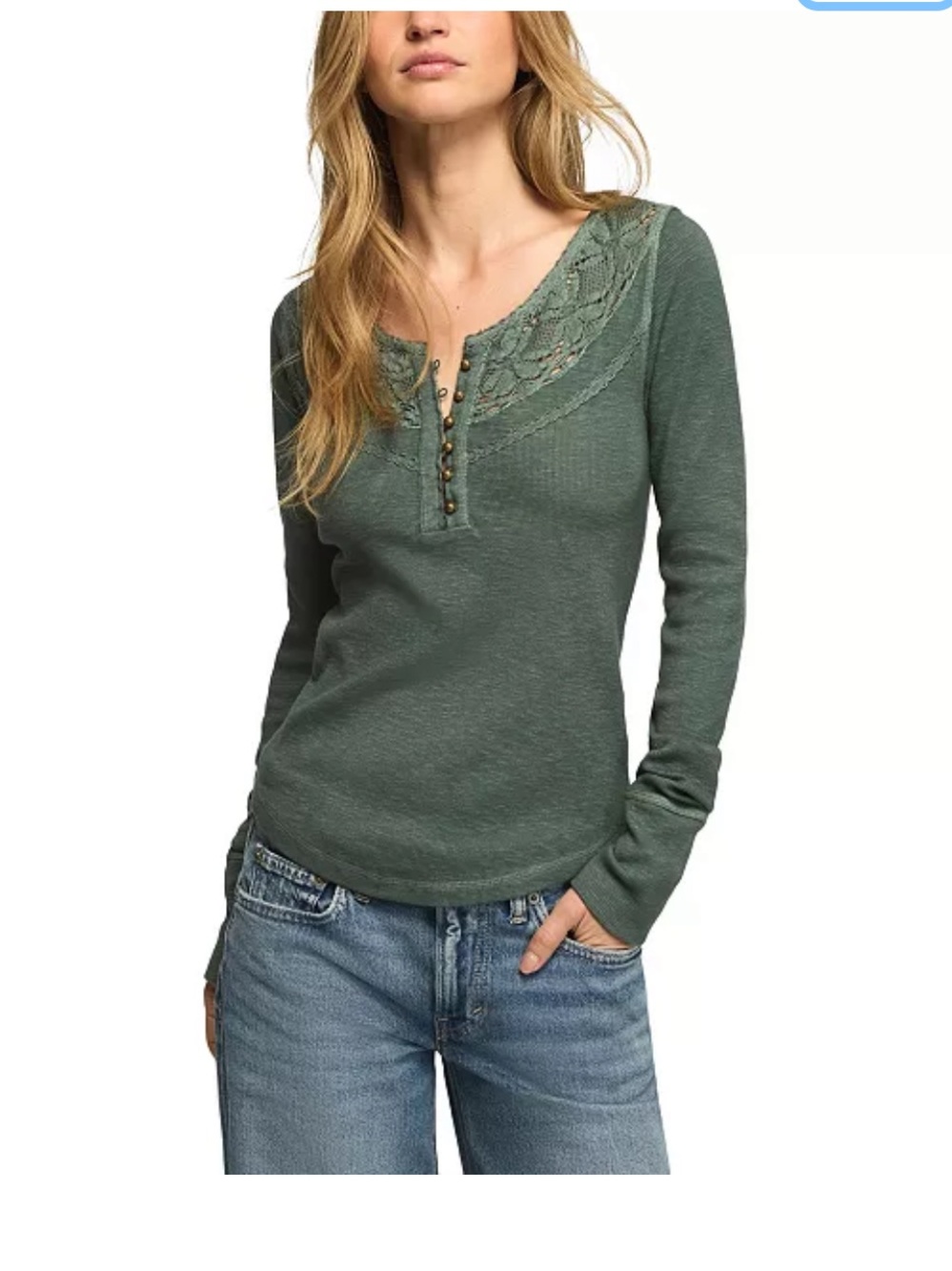 Lucky Brand Lace Yoke Henley Long-Sleeve Top - Green